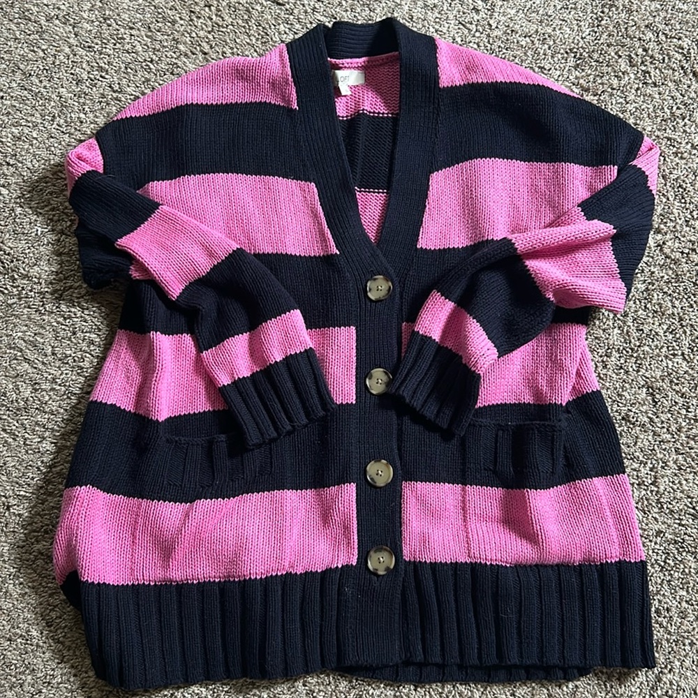LOFT Black and Pink Striped Button Front Cardigan